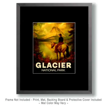 Vintage Cowboy in Glacier National Park Souvenir Art Print - 8"x10" Artwork