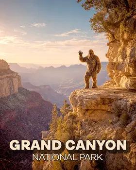 Bigfoot Waving Grand Canyon Souvenir Art Print - 8"x10" Artwork