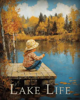 Young Girl Fishing from Dock - Lake Life Art Print - 8"x10" Artwork