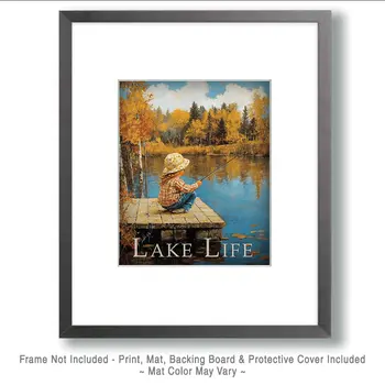 Young Girl Fishing from Dock - Lake Life Art Print - 8"x10" Artwork