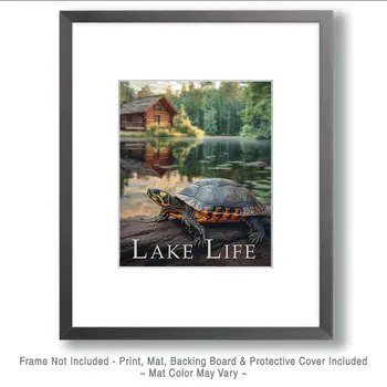 Painted Turtle on Log - Lake Life Art Print - 8"x10" Artwork