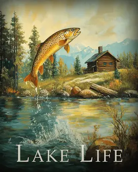 Vintage Jumping Trout - Lake Life Art Print - 8"x10" Artwork