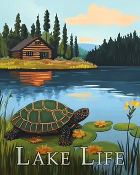 Turtle and Cabin - Lake Life Art Print - 8"x10" Artwork