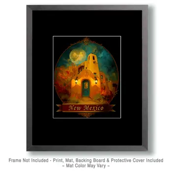 Vintage Church at Midnight New Mexico Souvenir Art Print - 8"x10" Artwork