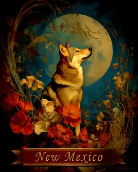 Vintage Wolf and Moon New Mexico Souvenir Art Print - 8"x10" Artwork