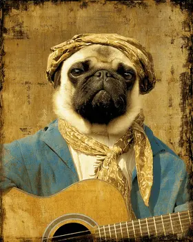 Hip Pug with Guitar Dog Themed Art Print - 8"x10" Artwork