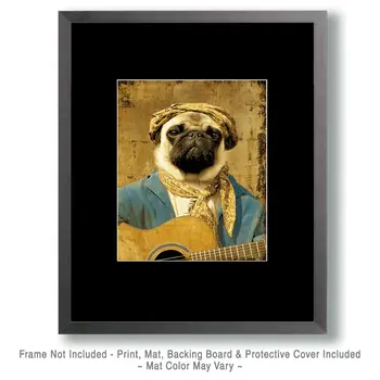 Hip Pug with Guitar Dog Themed Art Print - 8"x10" Artwork