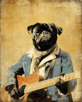 Pug with Guitar Dog Themed Art Print - 8"x10" Artwork