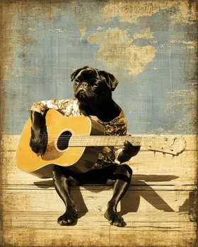 Pug Playing Guitar Dog Themed Art Print - 8"x10" Artwork