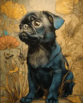 Nouveau Pug Pup Dog Themed Art Print - 8"x10" Artwork