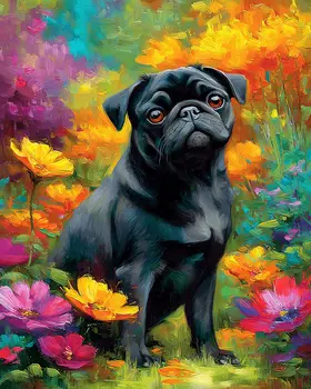 Pug in Flower Garden Dog Themed Art Print - 8"x10" Artwork