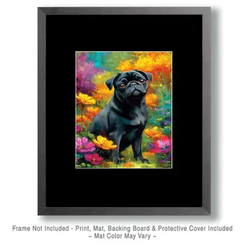 Pug in Flower Garden Dog Themed Art Print - 8"x10" Artwork