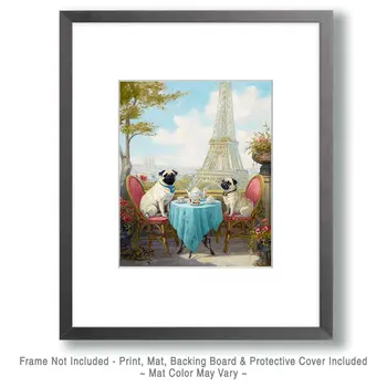 Two Pugs Having Tea at a Paris Cafe Dog Themed Art Print - 8"x10" Artwork