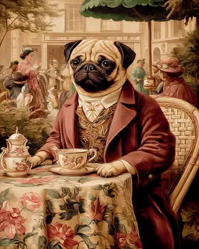 Pug Having Tea Dog Themed Art Print - 8"x10" Artwork