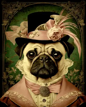 Vintage Victorian Pug Lady Dog Themed Art Print - 8"x10" Artwork