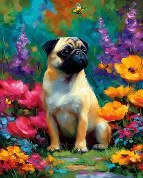 Pug in Garden Dog Themed Art Print - 8"x10" Artwork