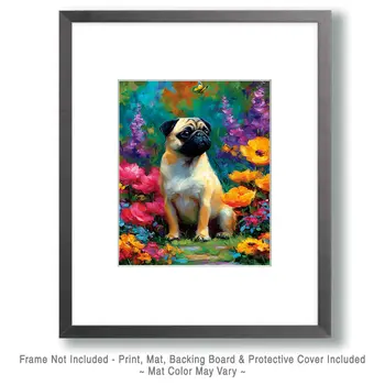 Pug in Garden Dog Themed Art Print - 8"x10" Artwork