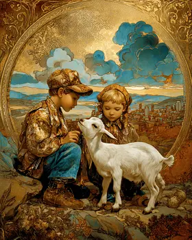 SW Nouveau Kids with Goat - Kids of the American Southwest Art Print - 8"x10" Artwork