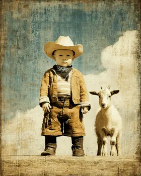 SW Nouveau Baby Cowboy and Goat - Kids of the American Southwest Art Print - 8"x10" Artwork