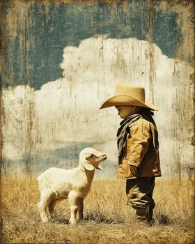 SW Nouveau Baby Cowboy and Lamb Standoff - Kids of the American Southwest Art Print - 8"x10" Artwork
