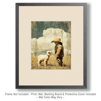 SW Nouveau Baby Cowboy and Lamb Standoff - Kids of the American Southwest Art Print - 8"x10" Artwork