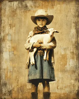 SW Nouveau Cowgirl Holding Her Lamb - Kids of the American Southwest Art Print - 8"x10" Artwork