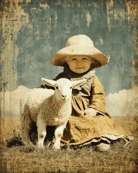 SW Nouveau Proud Baby Cowgirl and Her Lamb - Kids of the American Southwest Art Print - 8"x10" Artwork