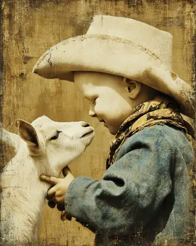 SW Nouveau Baby Cowboy smiling with a Goat - Kids of the American Southwest Art Print - 8"x10" Artwork