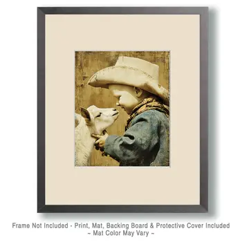 SW Nouveau Baby Cowboy smiling with a Goat - Kids of the American Southwest Art Print - 8"x10" Artwork