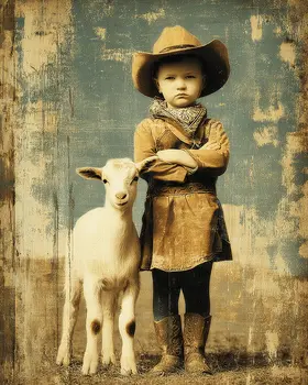 SW Nouveau Stubbern Cowgirl and her Lamb - Kids of the American Southwest Art Print - 8"x10" Artwork