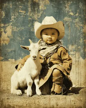 SW Nouveau Young Cowboy with His Goat - Kids of the American Southwest Art Print - 8"x10" Artwork