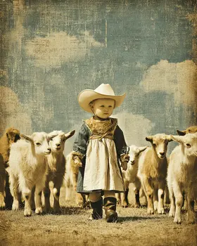 SW Nouveau Young Cowgirl with Herd of Goats - Kids of the American Southwest Art Print - 8"x10" Artwork