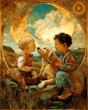 SW Nouveau Kids with Dog - Kids of the American Southwest Art Print - 8"x10" Artwork
