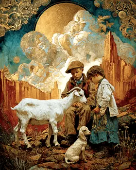SW Nouveau Kids with Goat Kids - Kids of the American Southwest Art Print - 8"x10" Artwork