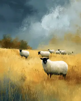 Blackface Sheep Grazing in Field Farm Animal Art Print - 8"x10" Artwork