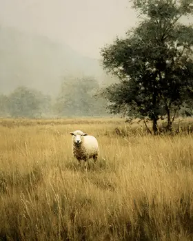 Single Sheep in Field Farm Animal Art Print - 8"x10" Artwork