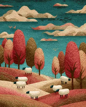 Faux Embroidered Sheep Farm Animal Art Print - 8"x10" Artwork