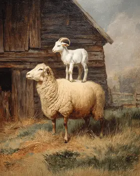 Goat on Sheep's Back Farm Animal Art Print - 8"x10" Artwork