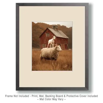 Vintage Goat on Sheep's Back Farm Animal Art Print - 8"x10" Artwork