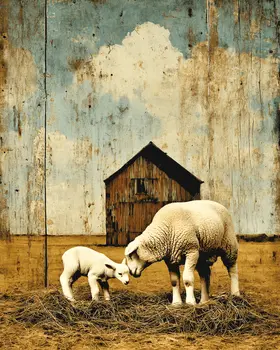 Vintage Ewe and Lamb Playing Farm Animal Art Print - 8"x10" Artwork