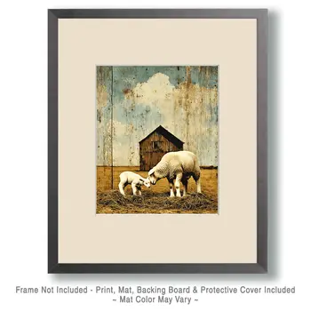 Vintage Ewe and Lamb Playing Farm Animal Art Print - 8"x10" Artwork