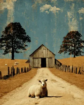 Vintage Sheep Roadblock Farm Animal Art Print - 8"x10" Artwork