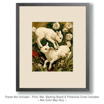 Nouveau Lambs Playing Farm Animal Art Print - 8"x10" Artwork