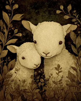 Two Folk Art Lambs Farm Animal Art Print - 8"x10" Artwork