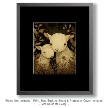 Two Folk Art Lambs Farm Animal Art Print - 8"x10" Artwork