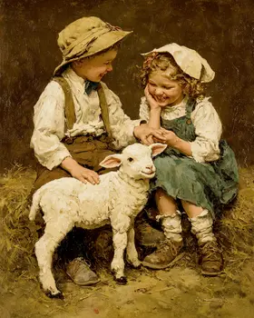 Vintage Children with Lamb Farm Animal Art Print - 8"x10" Artwork