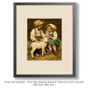 Vintage Children with Lamb Farm Animal Art Print - 8"x10" Artwork