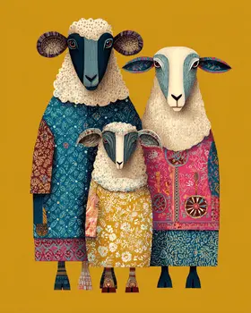 Folk Art Sheep Family Farm Animal Art Print - 8"x10" Artwork