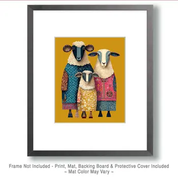 Folk Art Sheep Family Farm Animal Art Print - 8"x10" Artwork