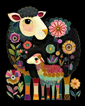 BOHO Sheep and Lamb Farm Animal Art Print - 8"x10" Artwork